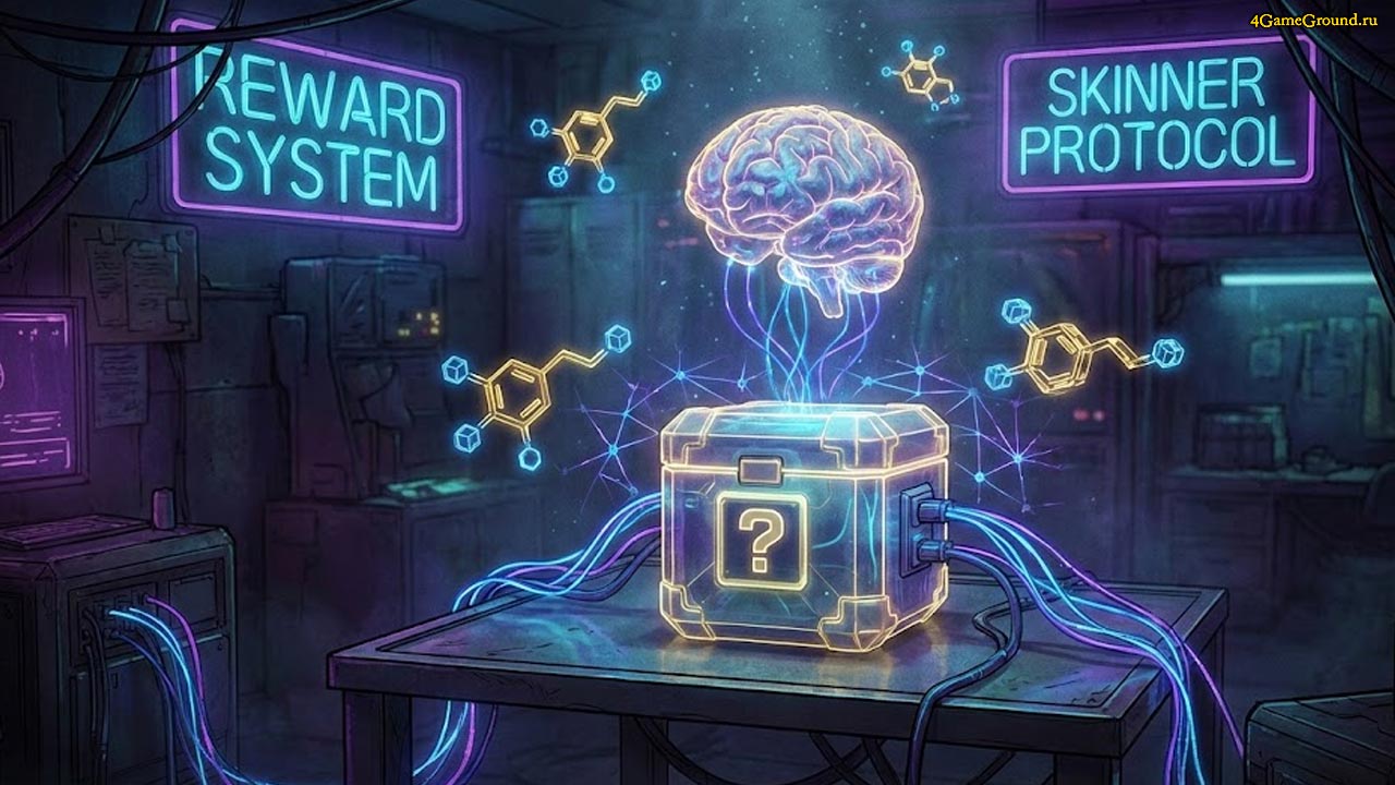 Влияние механики случайных наград на активность мозга игрока Схема работы ящика Скиннера и дофаминовых рецепторов в геймдизайне
