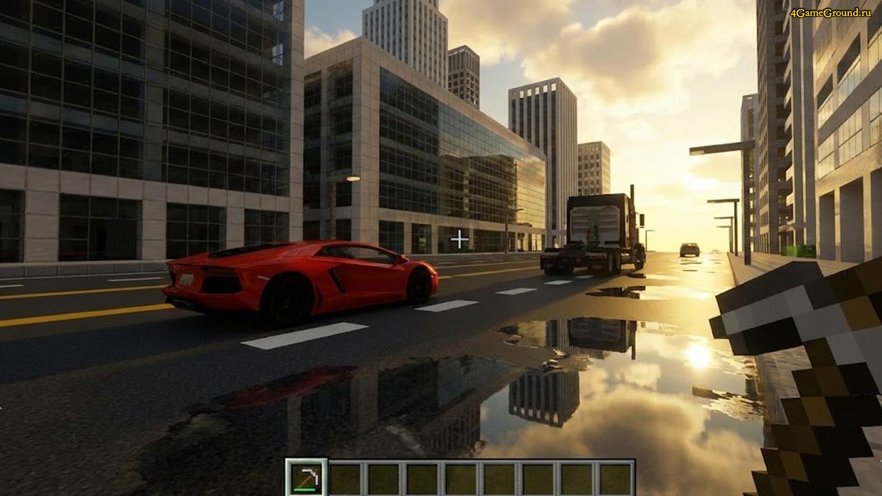 Реалистичный транспорт на улицах города в Minecraft Скриншот из Minecraft с модом на автомобили и шейдерами на фоне мегаполиса