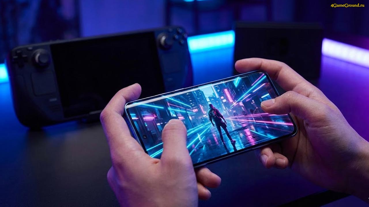 Сравнение графики на портативной консоли и флагманском смартфоне Геймер держит смартфон с запущенной AAA-игрой на фоне размытых консолей