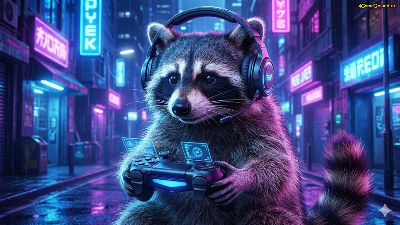 Енот-геймер как символ ловкости и интеллекта Арт енота с геймпадом в стилистике киберпанк