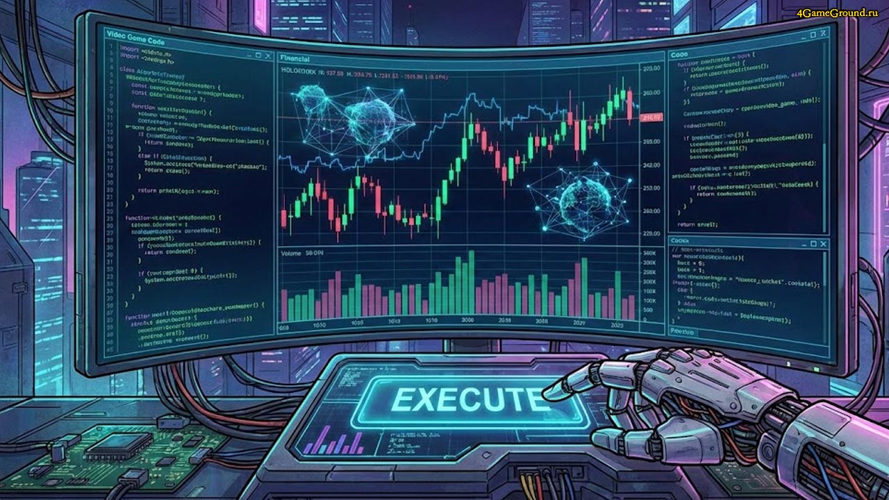 Визуализация работы торгового алгоритма Графики и программный код бота на мониторе в стиле киберпанк
