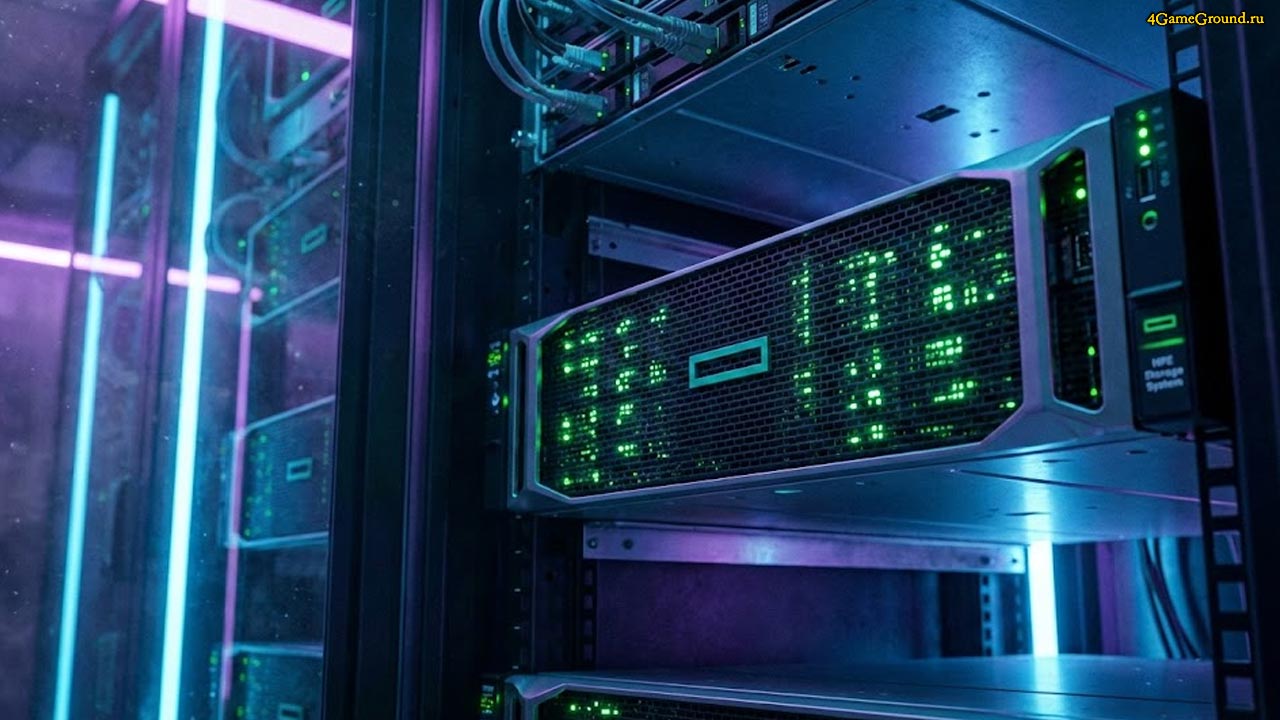 Современная серверная стойка с системой хранения данных Серверное оборудование HPE в дата-центре с неоновой подсветкой