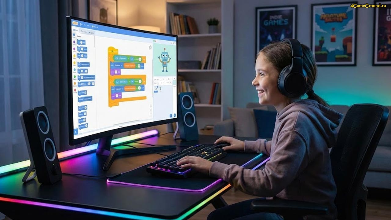 Ребенок изучает программирование и логику через создание игр Школьник за компьютером занимается на образовательной платформе