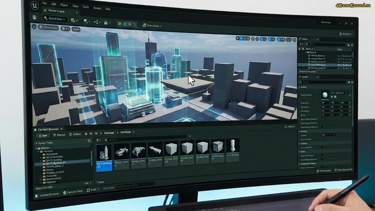 Процесс создания уровня в игровом движке с использованием готовых ассетов Интерфейс Unreal Engine 5 с расставленными 3D-моделями окружения
