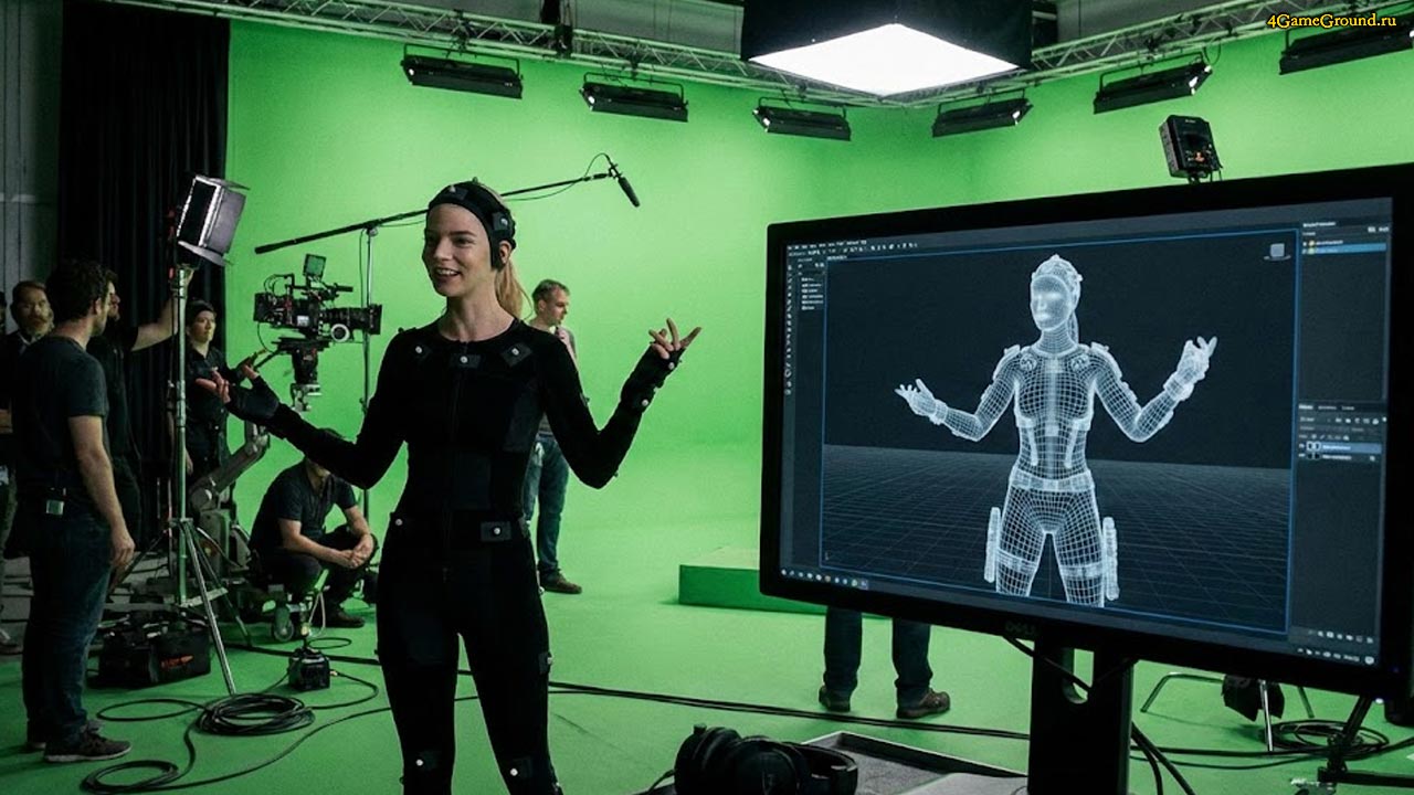 Технология захвата движений для переноса актера в игру Актриса в костюме Motion Capture с маркерами на лице на фоне 3D-модели