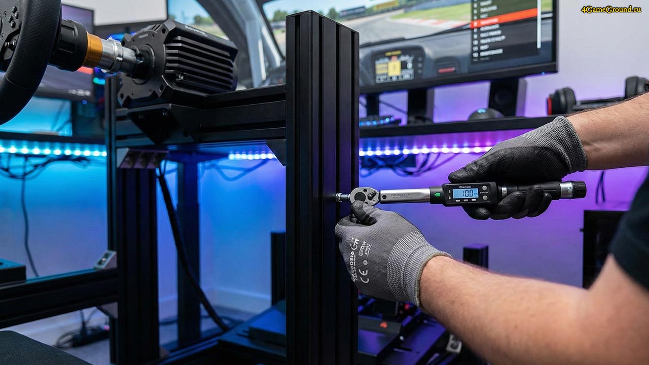 Сборка гоночного кокпита из алюминиевого профиля Симрейсер затягивает болты на раме кокпита с помощью профессионального инструмента