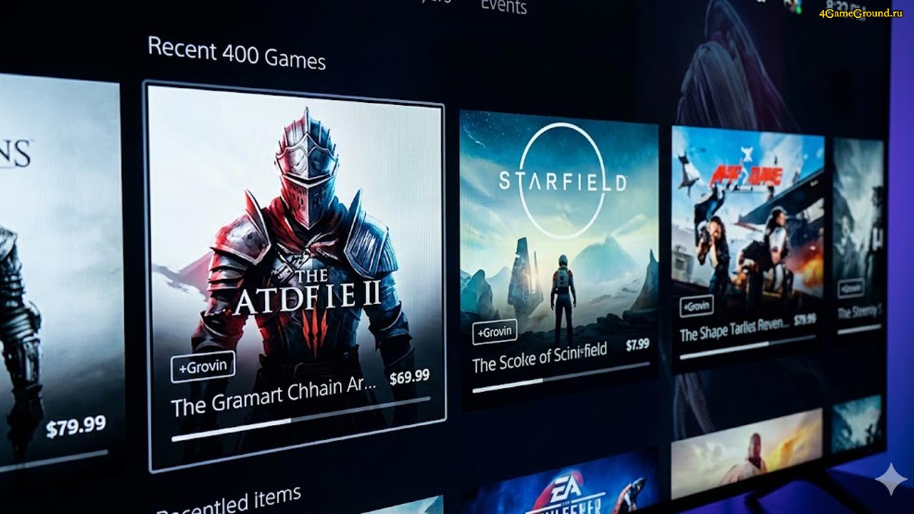 Цифровая библиотека консоли Интерфейс библиотеки игр PlayStation 5 на большом телевизоре, фокус на пройденных сюжетных играх в темной комнате