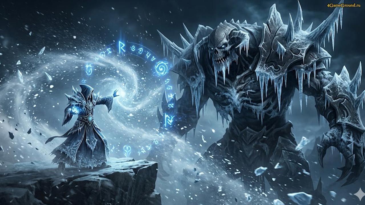 Заморозка босса в RPG Фэнтези RPG, маг кастует огромный ледяной шторм на рейд-босса, эффект заморозки и расколотого льда
