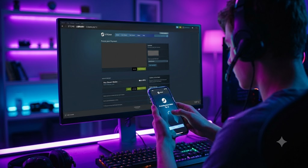 Геймер пополняет баланс Steam Подросток сидит за светящимся RGB-столом перед монитором с открытым магазином Steam, в руке держит смартфон для оплаты