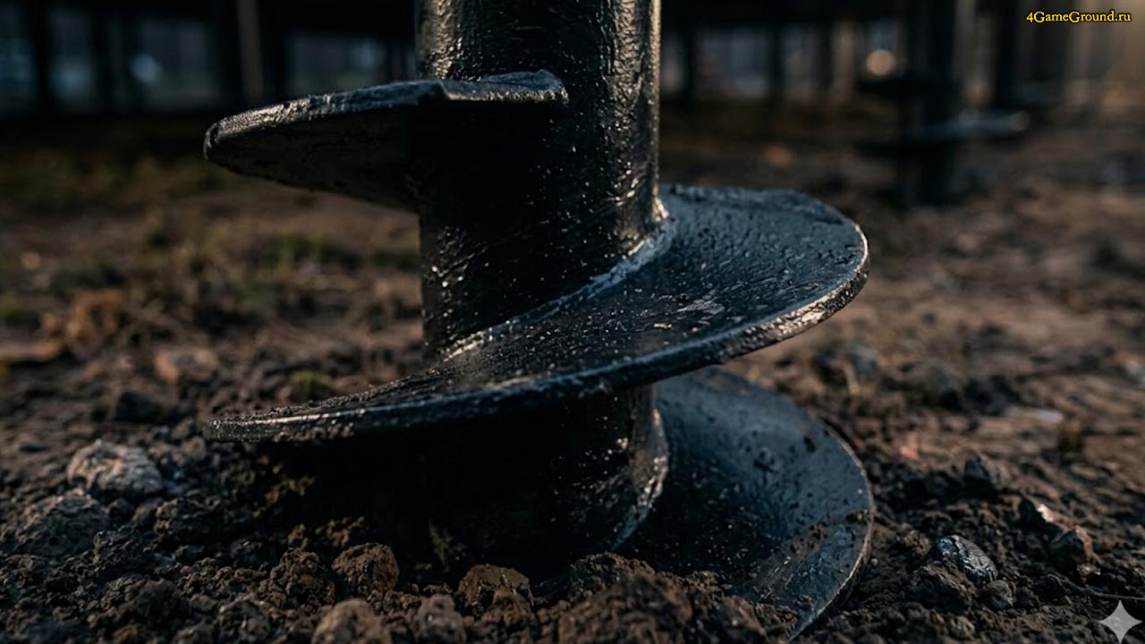 Металлическая свая крупным планом Макросъемка мощной стальной лопасти винтовой сваи с антикоррозийным покрытием на фоне грунта