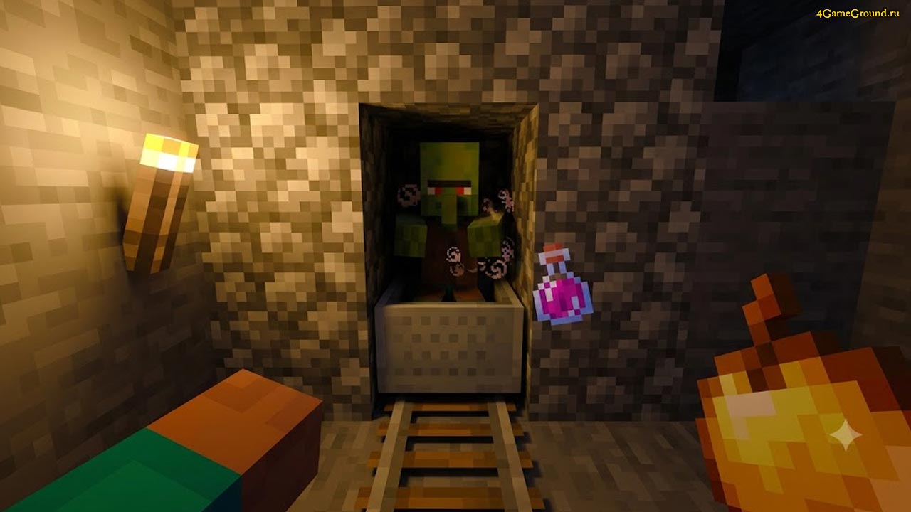 Зомби-житель в Minecraft Игрок кидает взрывное зелье слабости в зомби-жителя, запертого в вагонетке, в руке игрока золотое яблоко