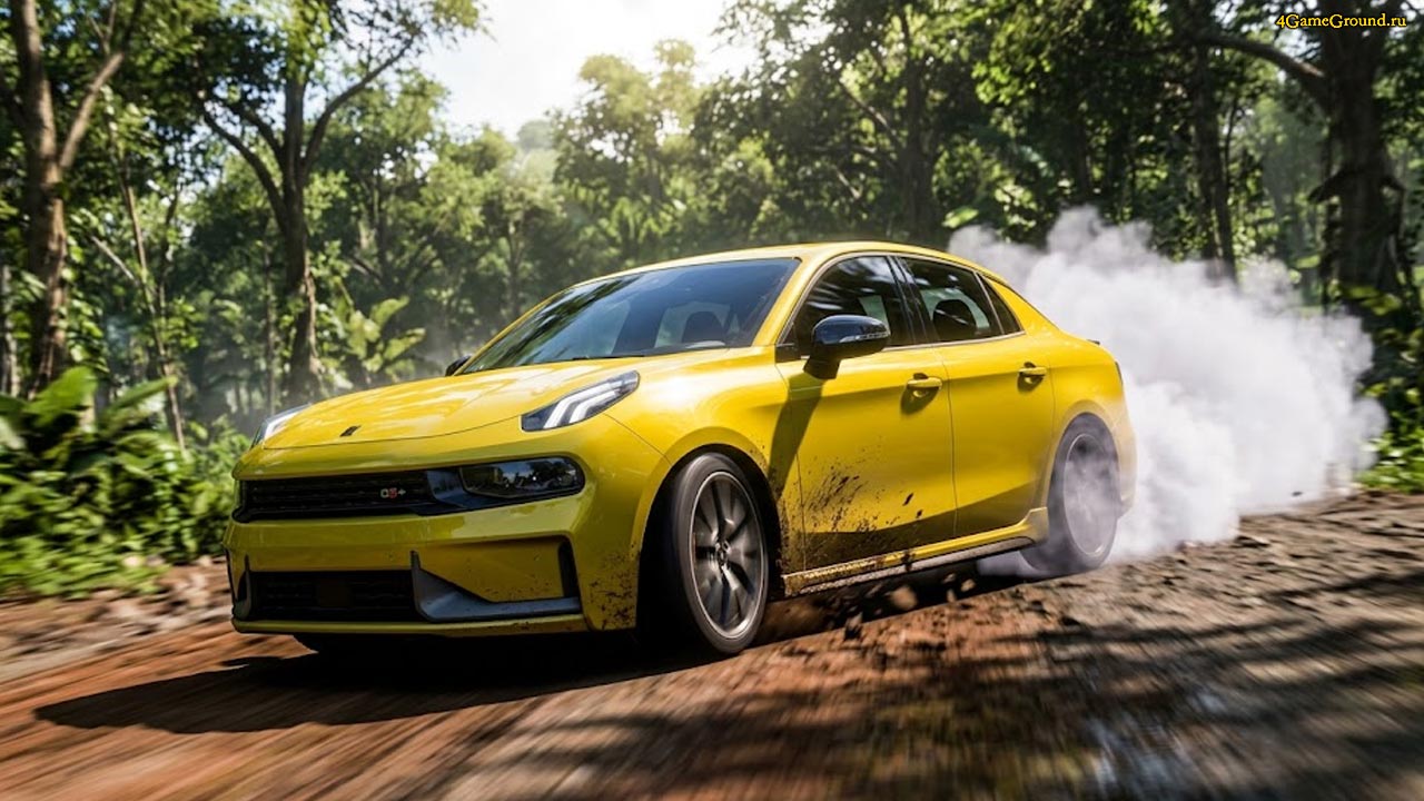 Китайские авто в Forza Horizon 5 Ярко-желтый китайский спортивный седан в дрифте на фоне мексиканских джунглей в Forza Horizon 5, из-под колес летит дым и грязь