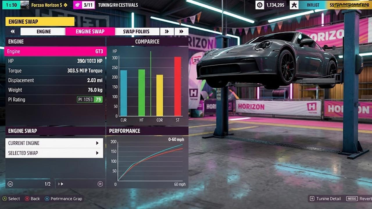 Тюнинг авто в FH5 Интерфейс гаража и тюнинга в Forza Horizon 5, на экране открыта вкладка замены двигателя, игрок устанавливает гоночный V8