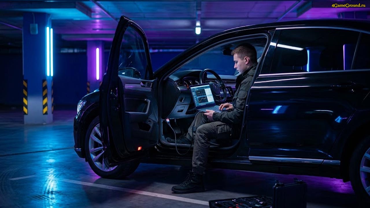 Тюнинг Volkswagen Passat Черный Фольксваген Пассат стоит на ночной неоновой парковке, рядом парень с ноутбуком подключает кабель к диагностическому разъему автомобиля