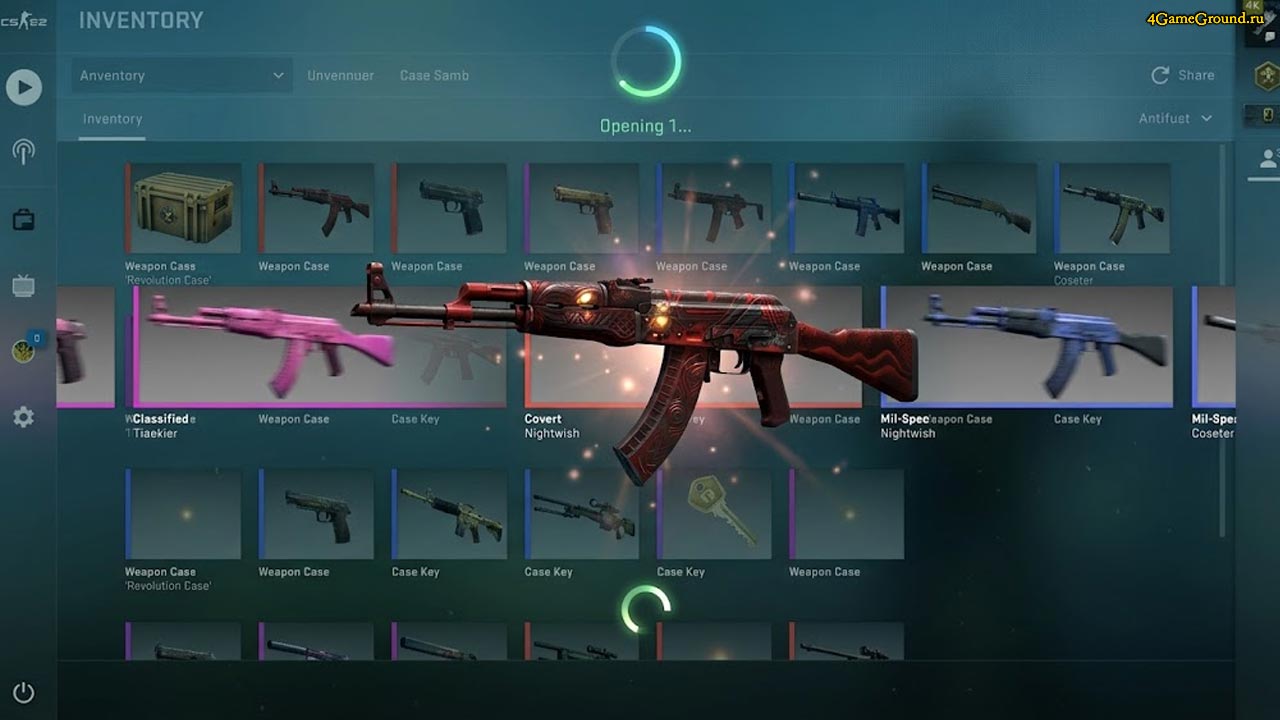 Открытие кейса в CS2 Анимация прокрутки рулетки внутри игры Counter-Strike 2, желтая полоса останавливается рядом с редким красным скином
