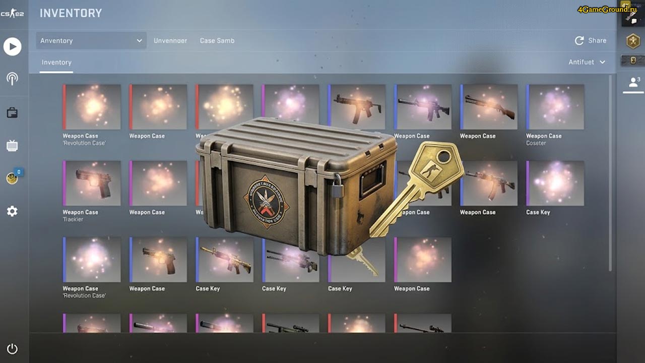 Кейсы и ключи CS2 Интерфейс инвентаря Counter-Strike 2, на экране открыт оружейный кейс и ключ для него, на заднем фоне видны силуэты скинов