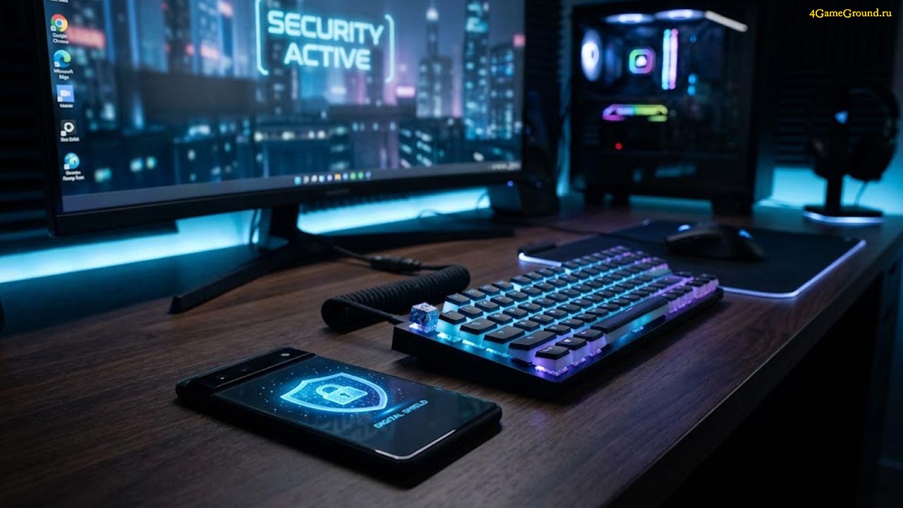 Цифровая безопасность геймера Смартфон с иконкой щита на экране лежит на геймерском столе рядом с клавиатурой, символизируя защиту личных данных