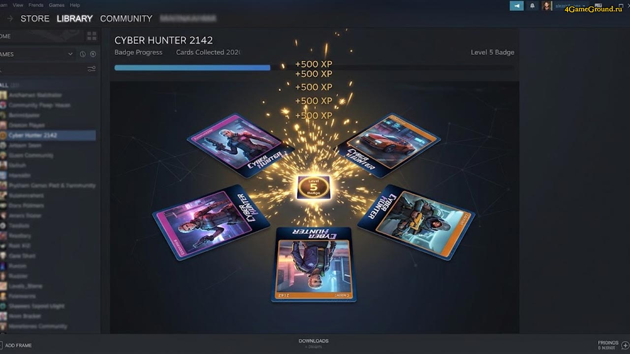 Крафт значков и карточки Steam Интерфейс инвентаря Steam, на экране показан процесс объединения пяти коллекционных карточек в один значок, летящие искры и интерфейс получения опыта