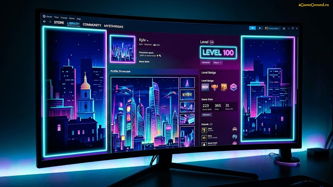 Уровень профиля Steam Красиво оформленный профиль Steam 100-го уровня на экране монитора, на заднем фоне витрина иллюстраций в киберпанк-стилистике и множество значков