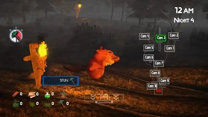 геймплей 5 ночей с Бобром: сбор ресурсов у плотины и камеры наблюдения