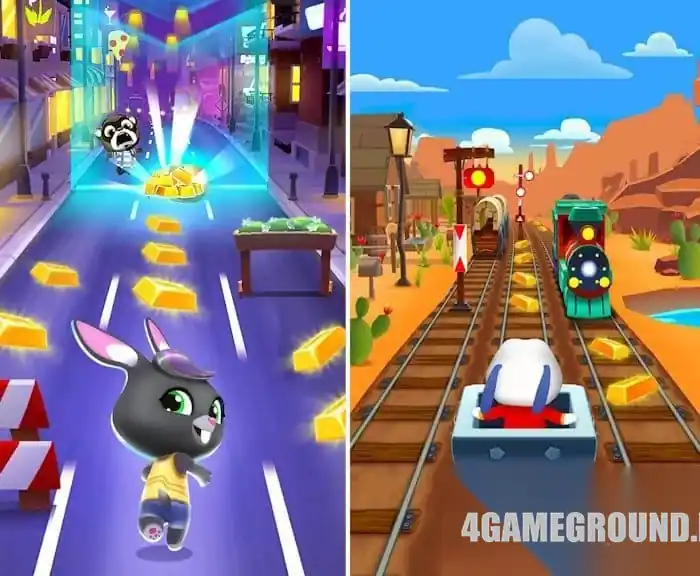 Геймплей Talking Tom: бег за золотом — раннер с тремя дорожками