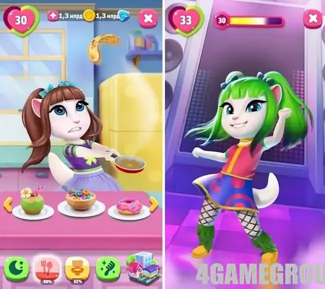 Геймплей My Talking Angela 2: уход и мини-игры с Анджелой
