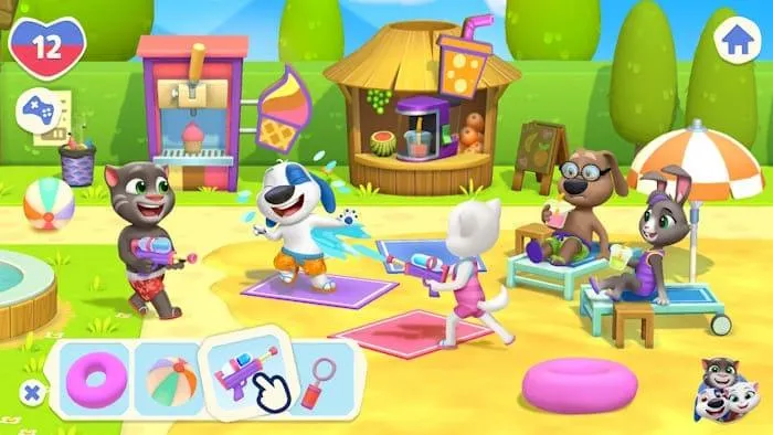 Скриншот геймплея My Talking Tom: Friends 2 с питомцами и активностями