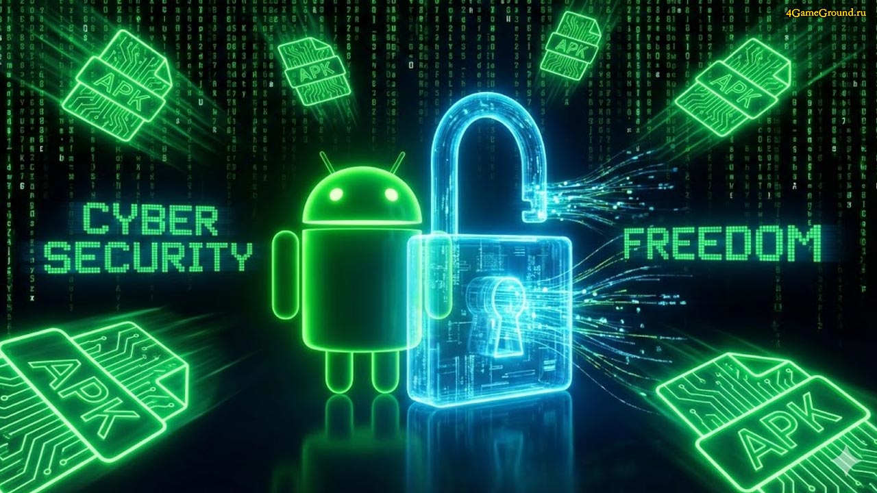 Андроид-робот держит файл APK на фоне открытого цифрового замка