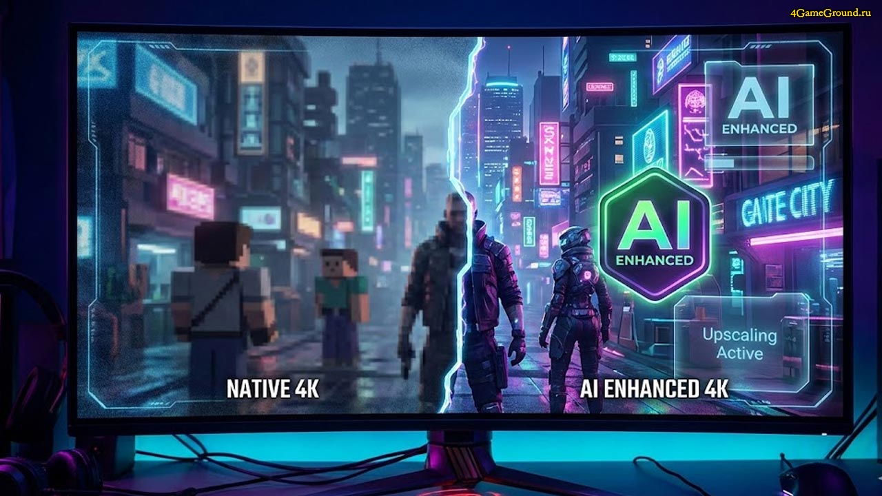 Экран разделен на две части: слева мыльное изображение, справа — четкая детализированная картинка с использованием ИИ-масштабирования