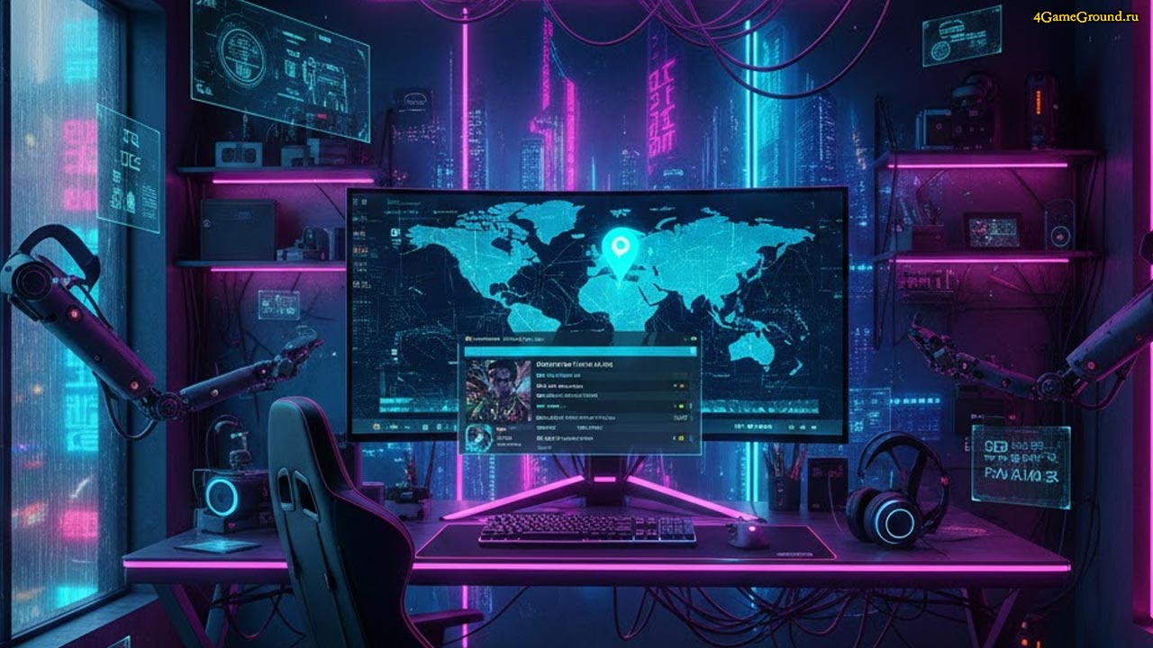 Геймерский сетап, на мониторе карта мира с точкой геолокации в Казахстане и открытый Steam