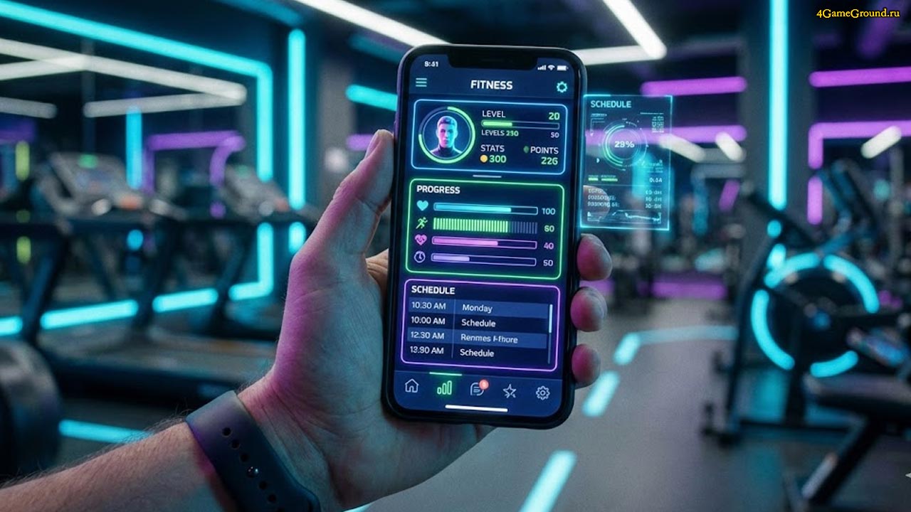Интерфейс мобильного приложения с графиками прогресса на фоне фитнес-клуба
