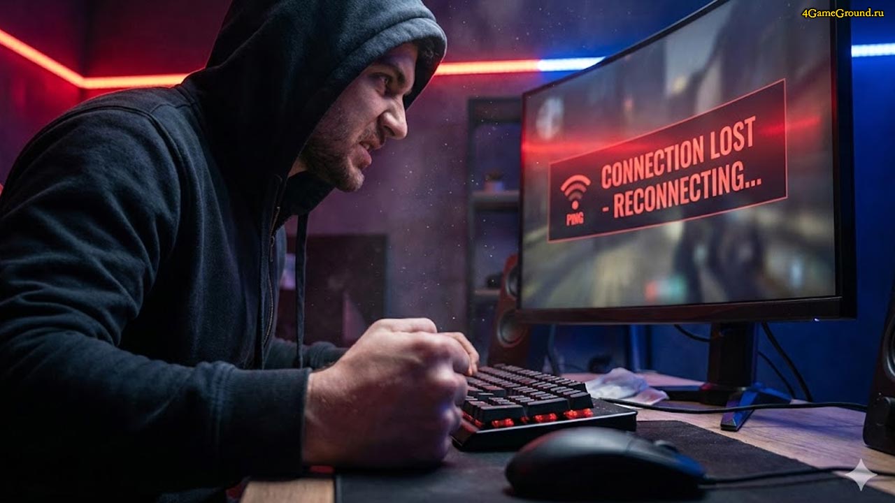 Раздраженный игрок перед монитором, на экране красным цветом мигает надпись Connection Lost и высокий Ping