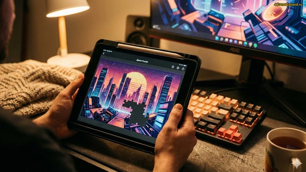Крупный план рук геймера с iPad, на экране которого собирается красочный AI-пазл, на фоне игровой клавиатуры