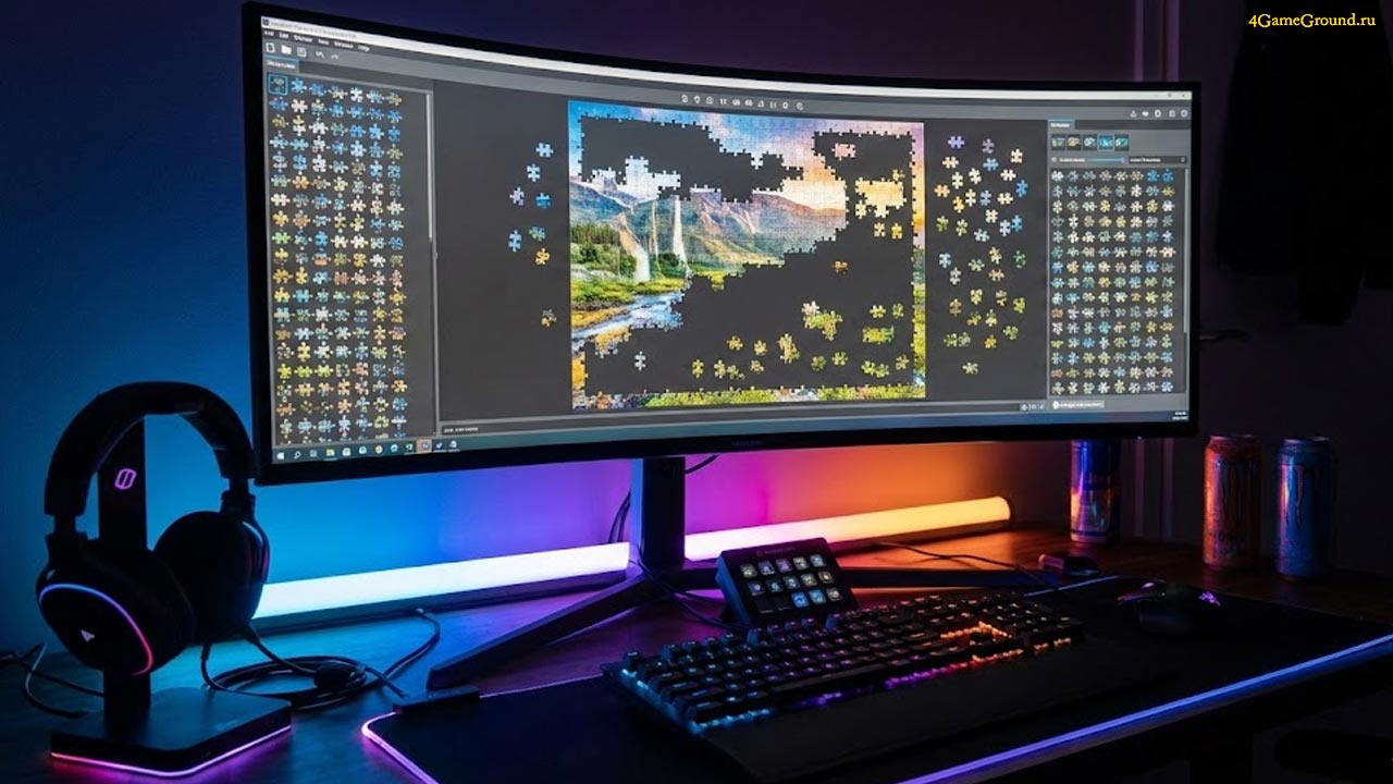Монитор с открытым браузерным пазлом на фоне геймерского сетапа с неоновой подсветкой
