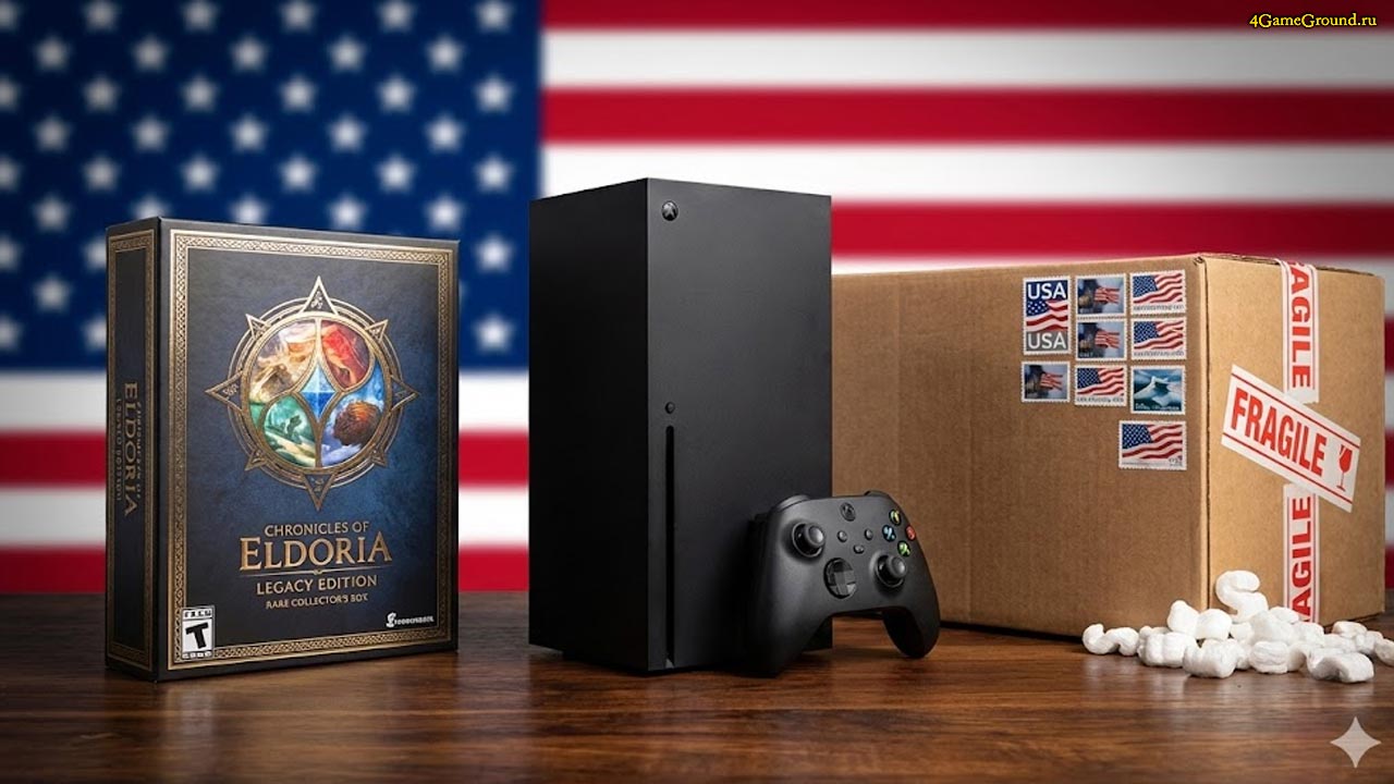 Геймер держит в руках коробку с американским изданием коллекционной игры на фоне флага США и гаджетов