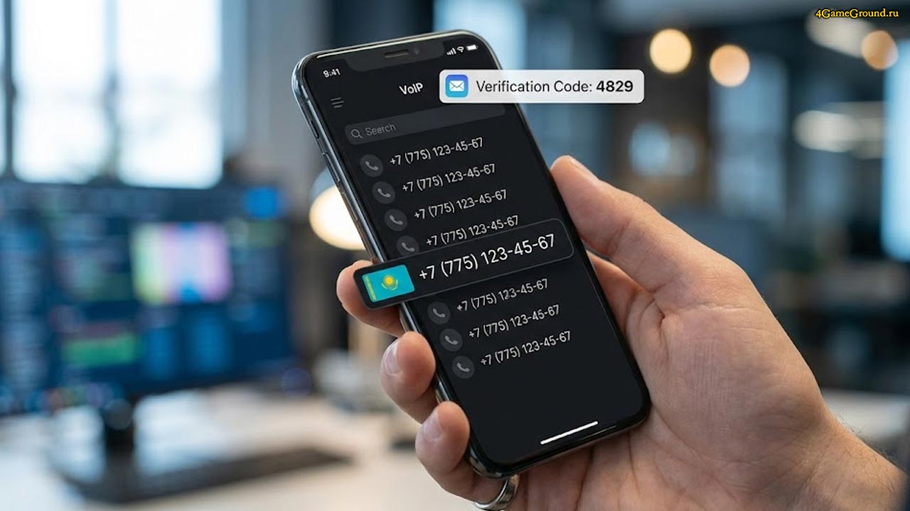 Смартфон с открытым приложением VoIP телефонии, выбор флага Казахстана и входящее SMS с кодом