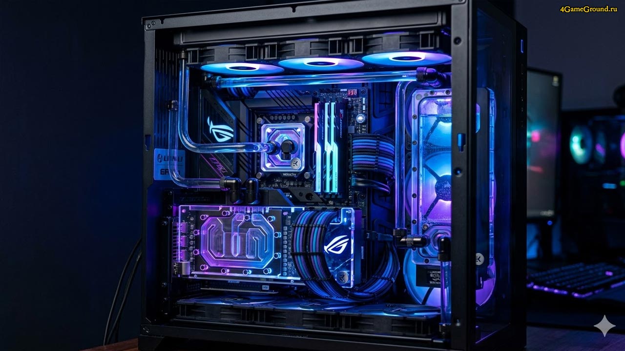 Открытый корпус современного компьютера с RGB подсветкой, массивной видеокартой и водяным охлаждением