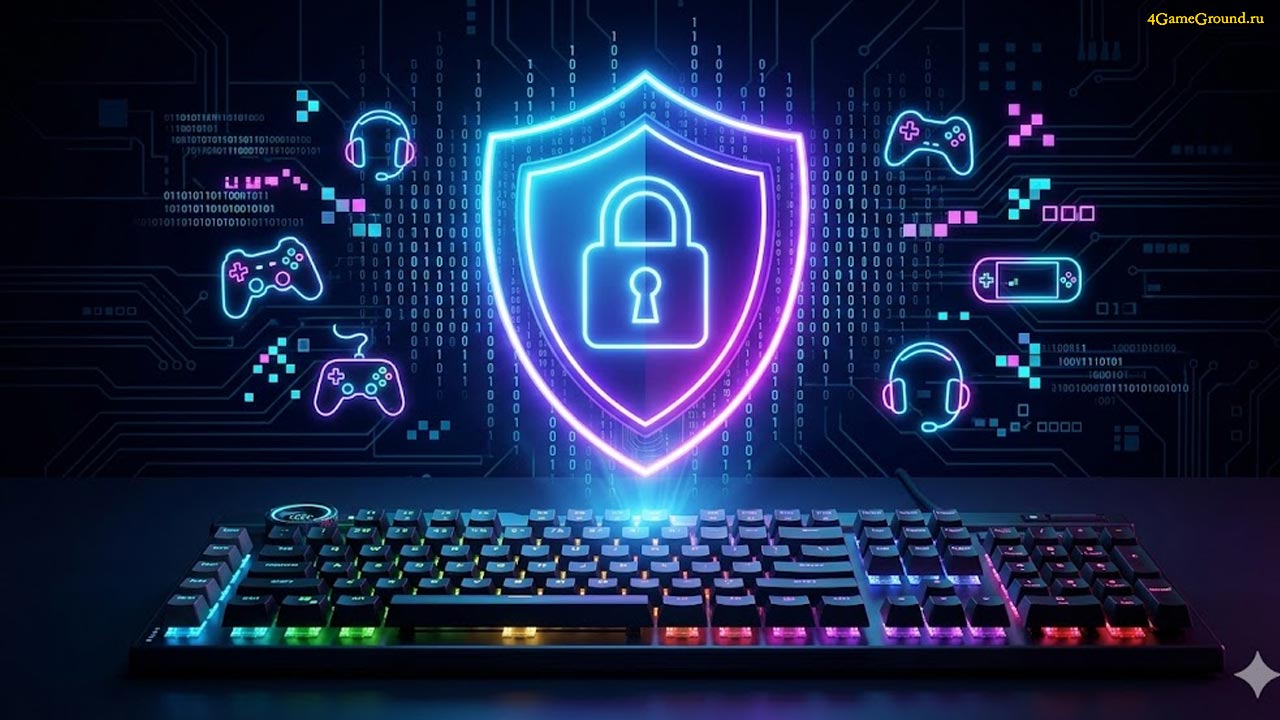 Щит с замком на фоне цифрового кода и иконок популярных игровых лаунчеров