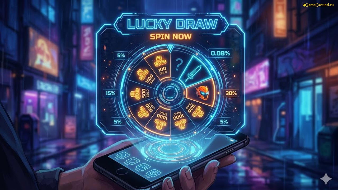 Интерфейс мобильной игры: колесо удачи с вероятностями выпадения предметов