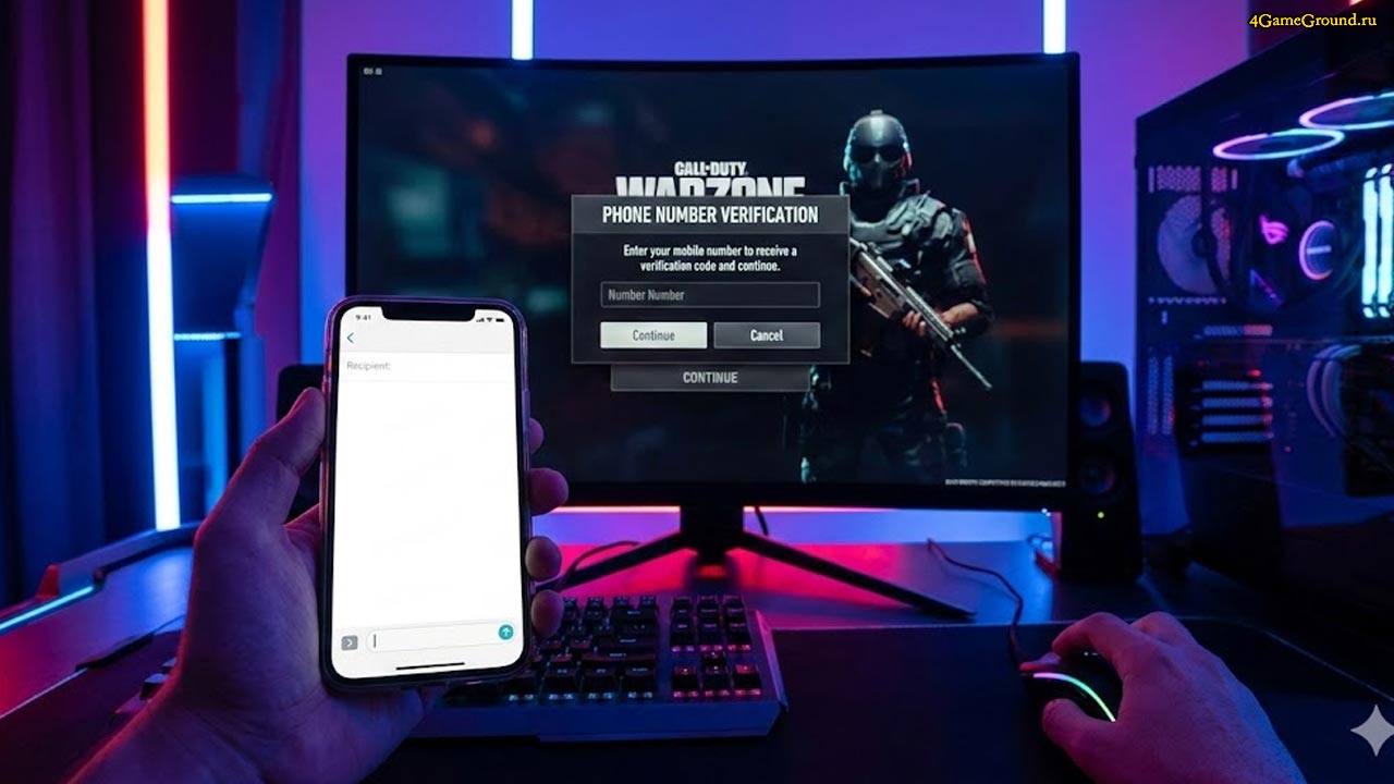 Монитор с требованием ввести номер телефона для доступа к рейтинговым матчам и смартфон с пришедшим кодом