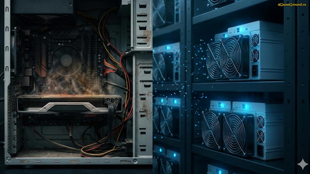 Слева оплавленная игровая видеокарта в домашнем ПК, справа мощный ASIC-майнер в чистой серверной стойке