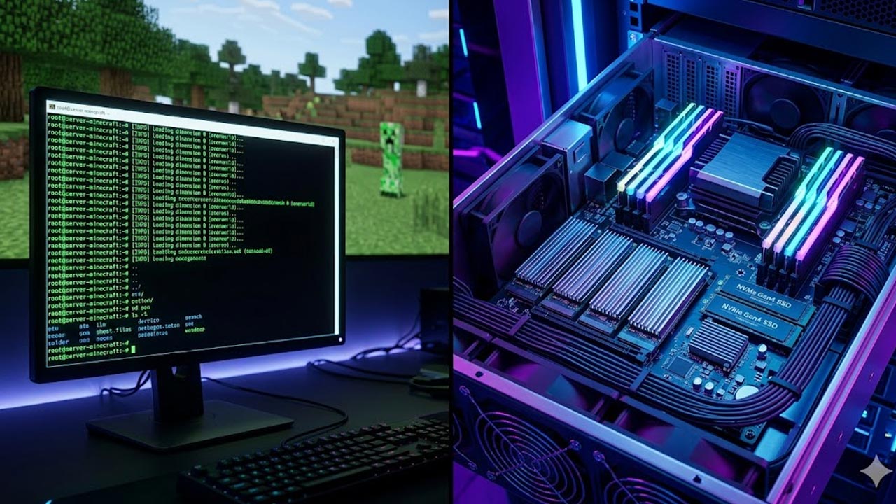 Экран монитора с запущенной консолью сервера Minecraft и строками кода на фоне кубического пейзажа
