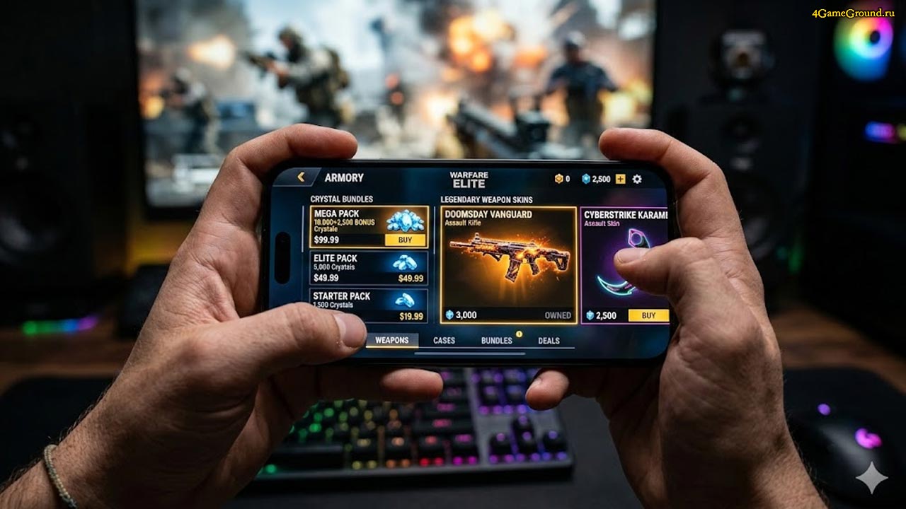 Геймер держит смартфон, на экране открыт внутриигровой магазин с премиум-скинами и валютой