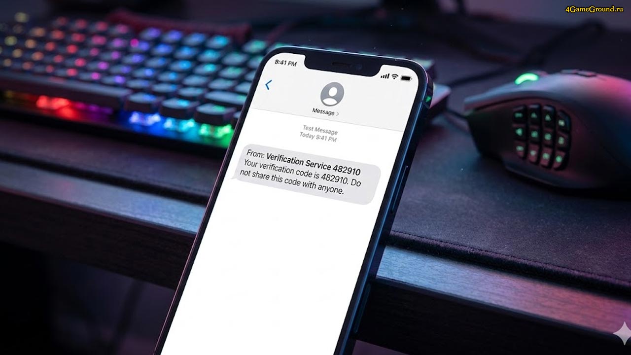 Крупный план экрана смартфона с входящим сообщением от Blizzard/Activision с кодом подтверждения