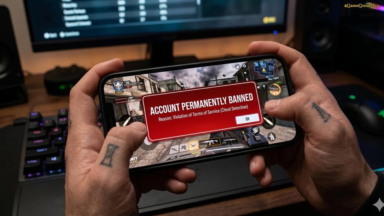 Экран смартфона с запущенной игрой Standoff 2, поверх которой горит красная табличка с сообщением о перманентном бане