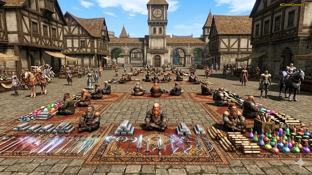 Множество гномов-торговцев сидят на площади города Гиран в Lineage 2