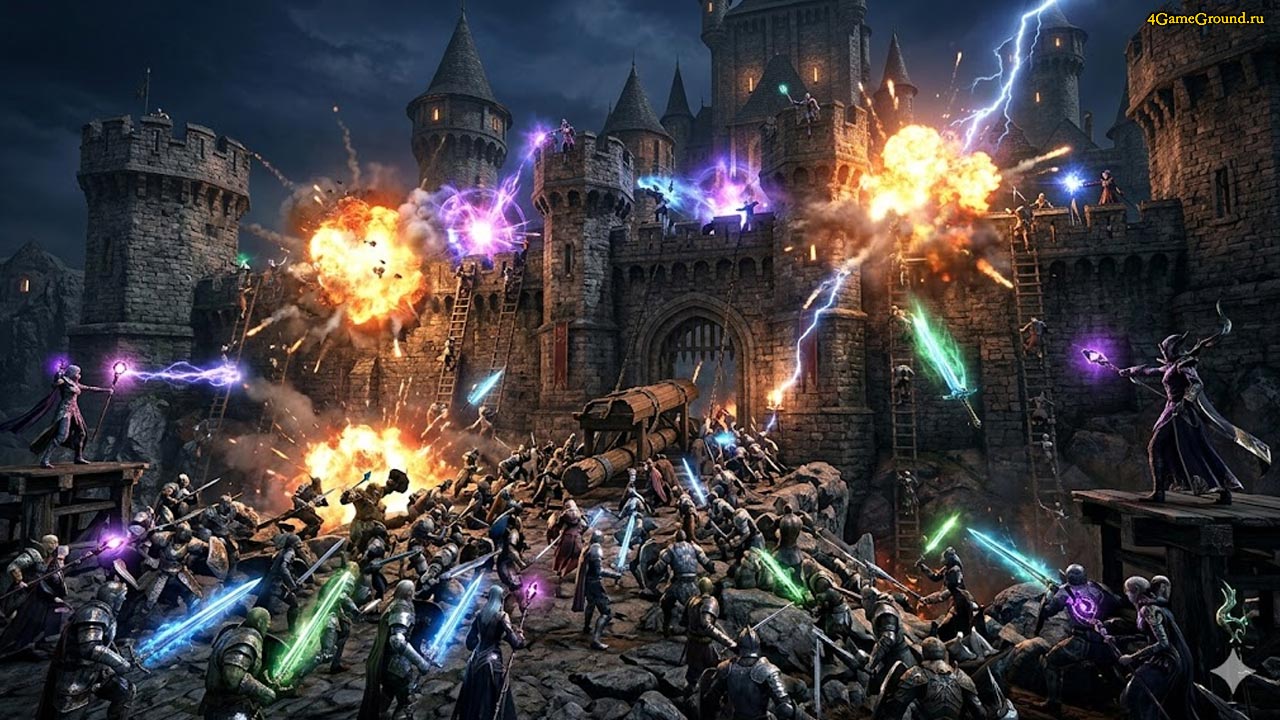 Скриншот массового сражения кланов в Lineage 2, осада замка, множество эффектов заклинаний