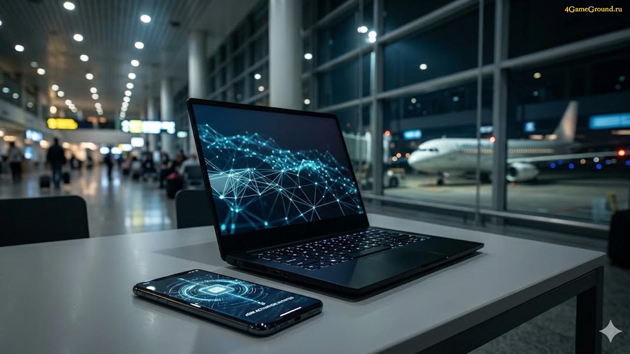 Современный аэропорт, на переднем плане открытый ноутбук и смартфон со светящимся экраном подключения к мобильной сети