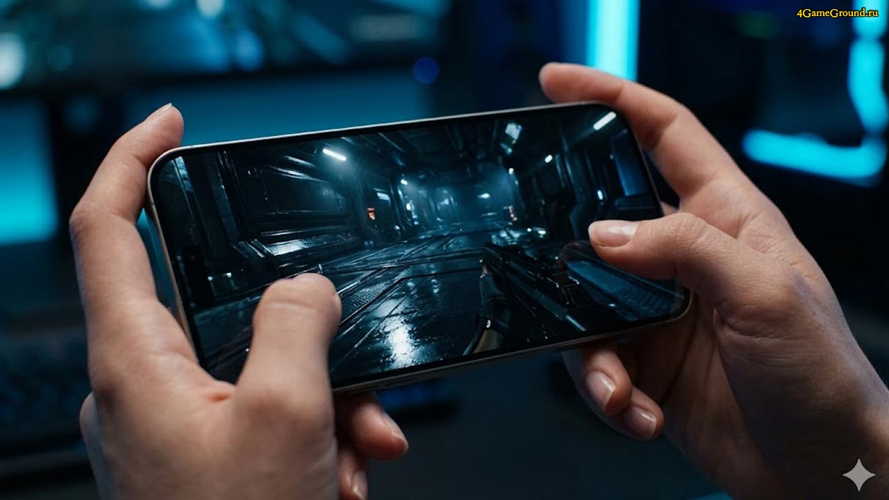 Крупный план смартфона в руках геймера, на экране запущена тяжелая AAA-игра с реалистичным освещением и трассировкой лучей