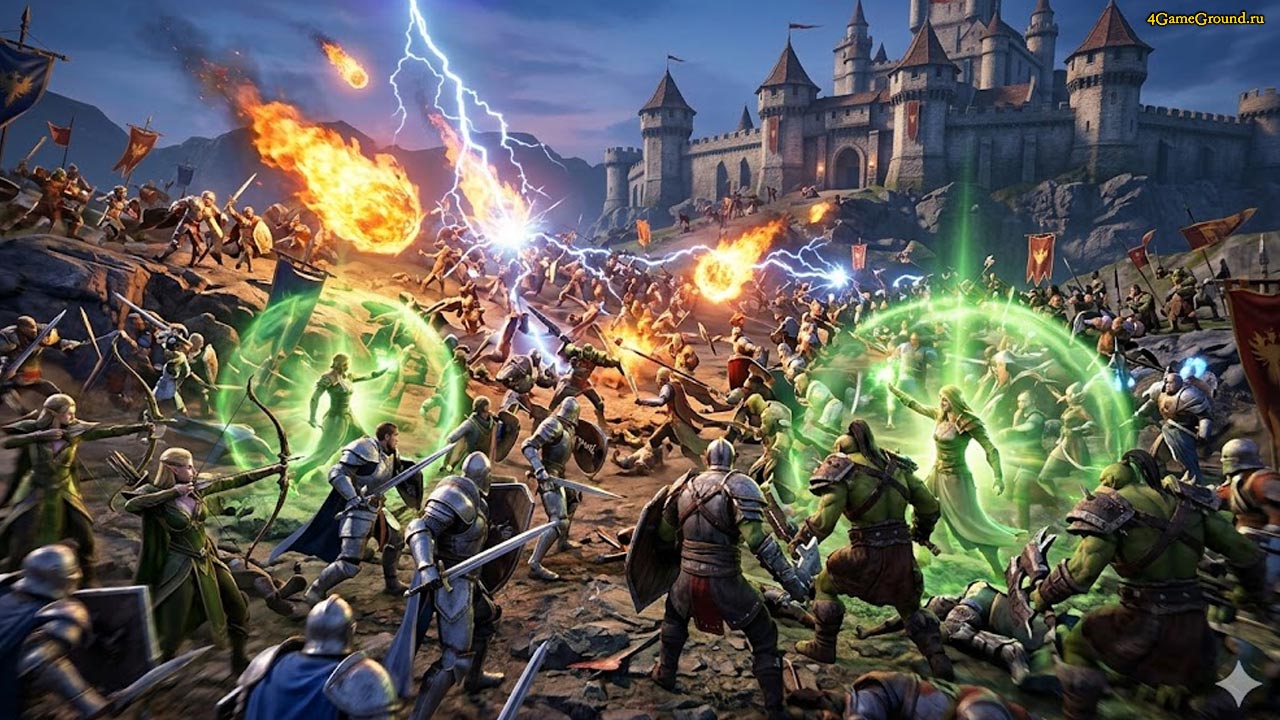 Эпичное сражение двух кланов в Lineage 2, вспышки магии и толпа персонажей на фоне замка